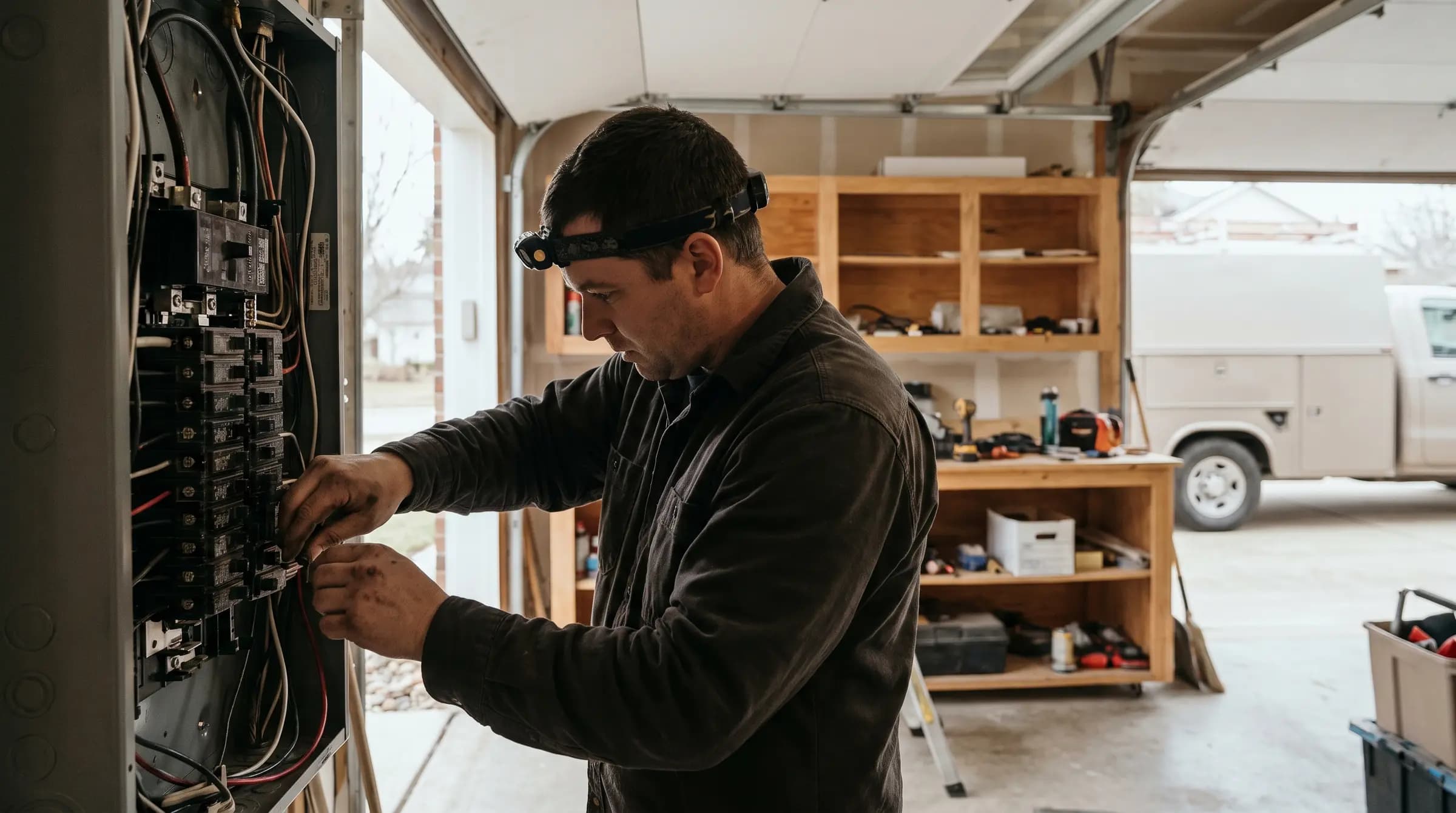 An electrician wearing a headlamp working on an open breaker panel in a garage