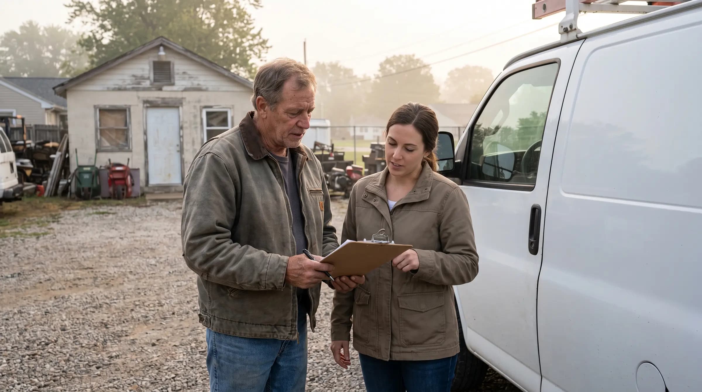 A father and daughter reviewing a clipboard beside a work van at their family trades company