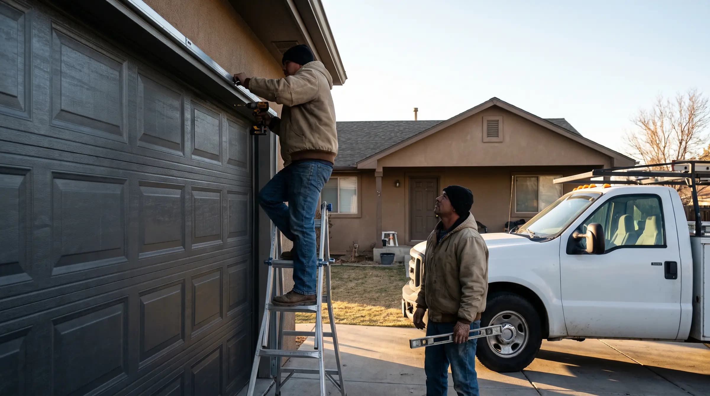 A two-person crew installing a new garage door on a suburban home