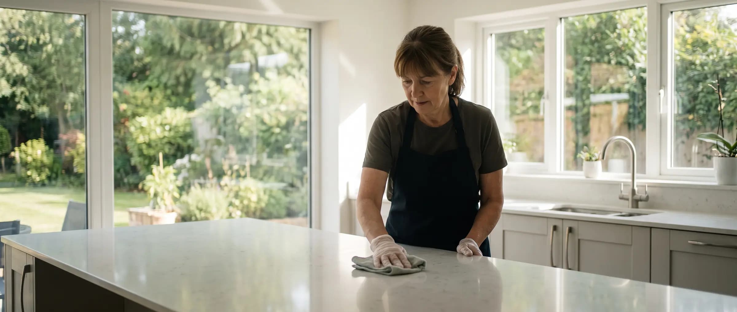 A house cleaner wiping down a quartz kitchen island in a bright kitchen