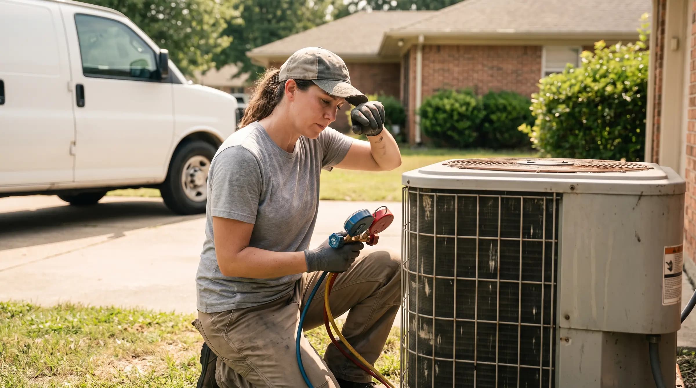 An HVAC technician checking refrigerant gauges at an outdoor condenser