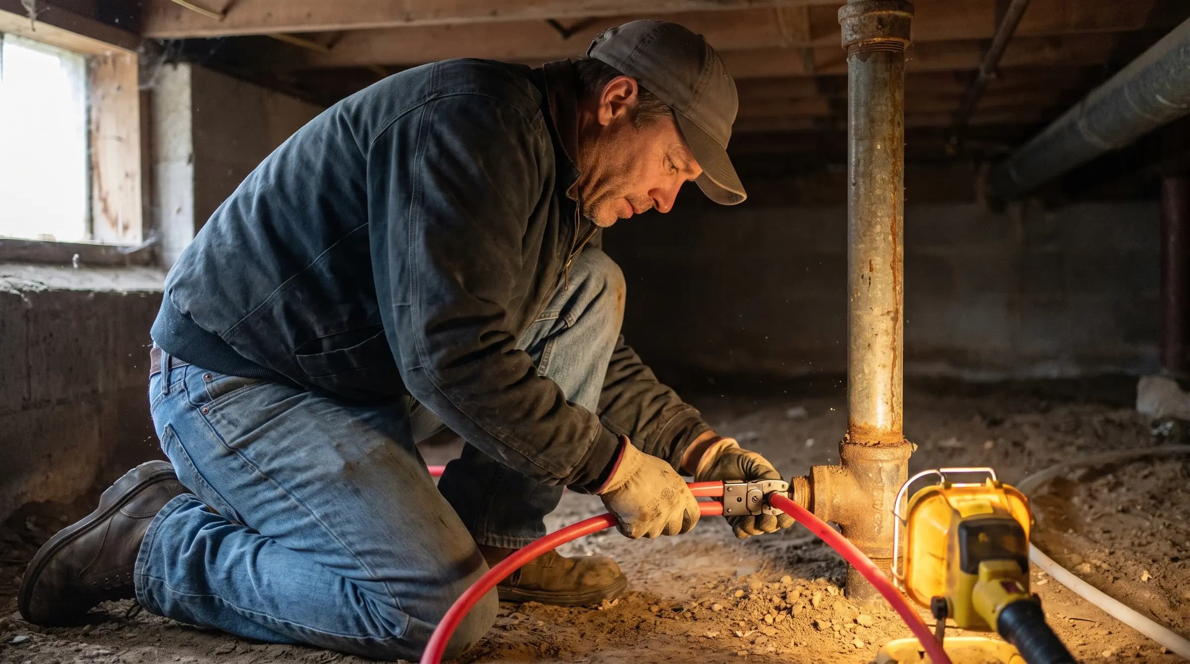A plumber kneeling in a crawlspace, fitting new PEX pipe beside old galvanized pipe
